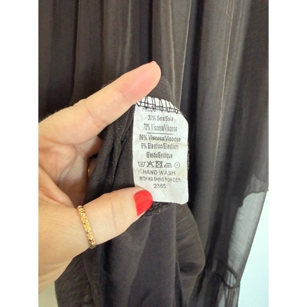 Chocolate Brown Silk Blend Boho Off Shoulder Flowy Dress | Peasant Mini | M/L - Picture 6 of 9